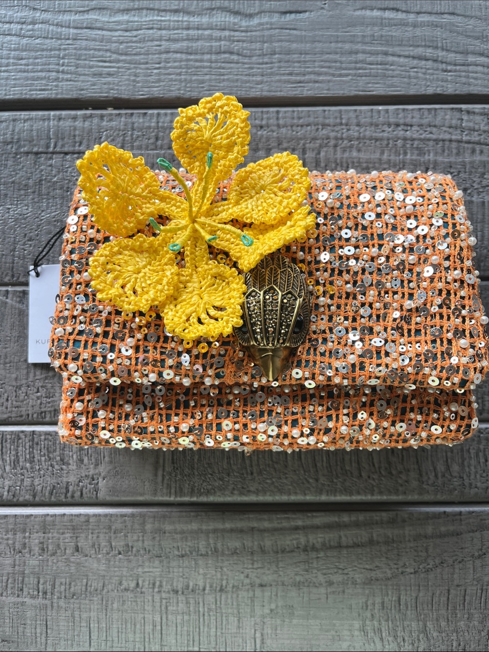 Kurt Geiger -Kensington Sequined Orange Evening Clutch with Yellow Flower Accent
